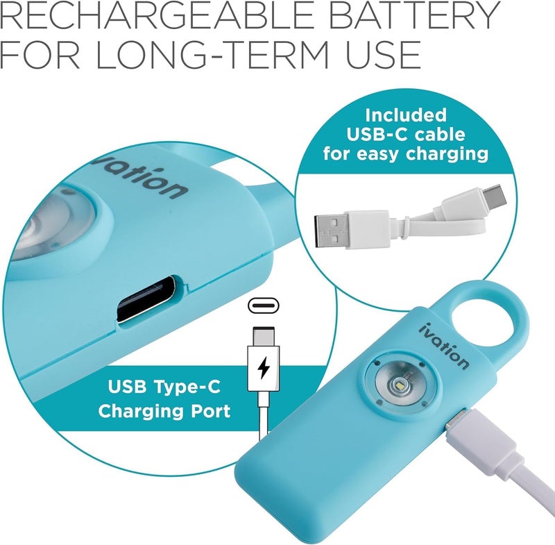 Ivation Personal Rechargeable SOS Alarm, Pocket Size Loud 130dB Sound Safety Siren & LED Panic Strobe Light with Carabiner Keychain Clip for Women, Children & Seniors, Aqua - Image 3